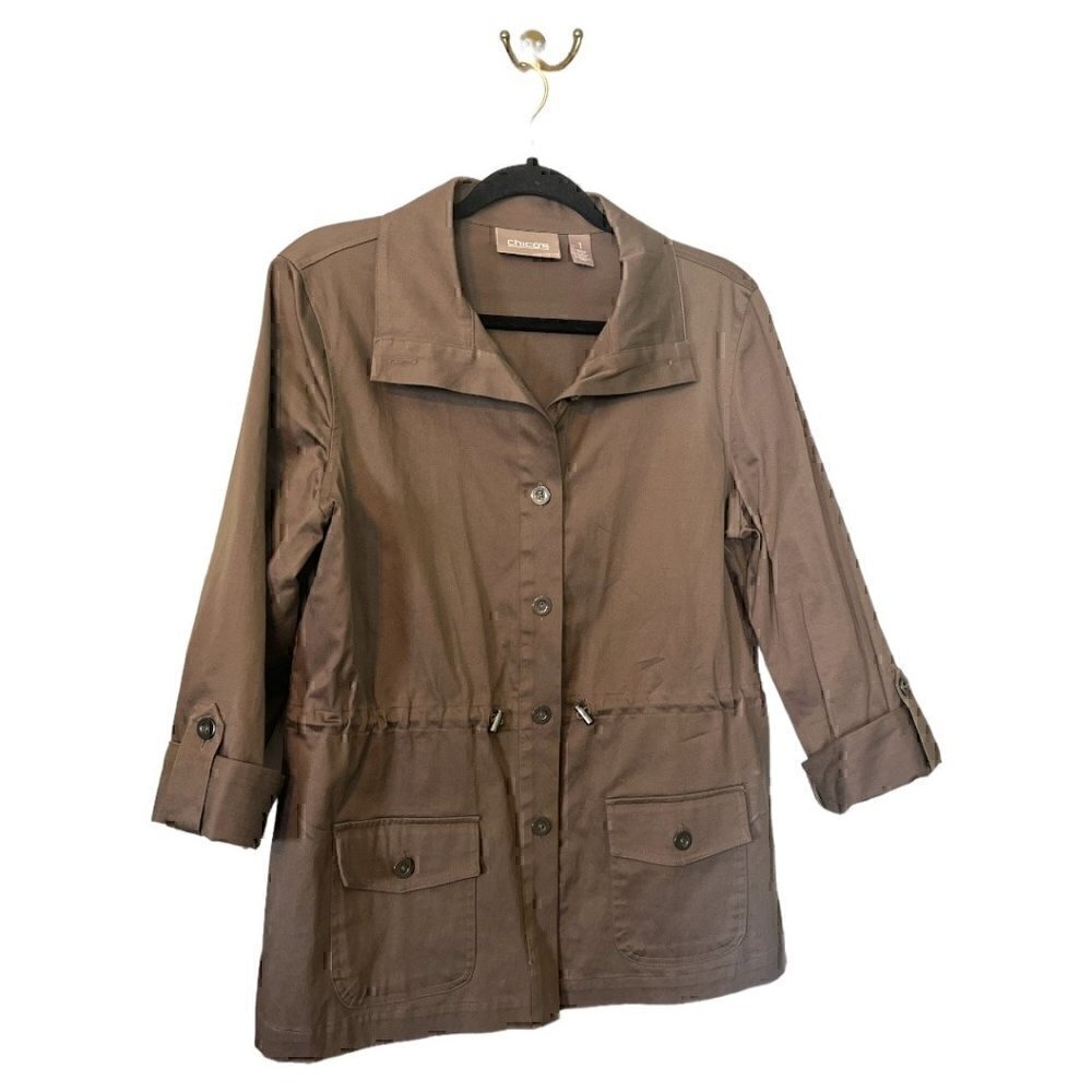 Chico's Army Green Field Jacket Lightweight Cinched Waist Pockets Shacket Med/1